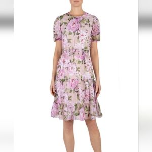 Julia Jordan Floral Puff Sleeve Dress Size 6 Smocked Waist Tiered Blush Pink